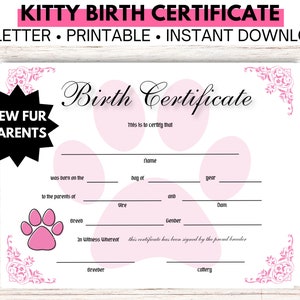 Geboorteakte kitten Donkerroze Kitty Verjaardagsfeestje Huisdiercertificaten voor kittens Bonus adoptiecertificaat huisdieroppas Biz Docs