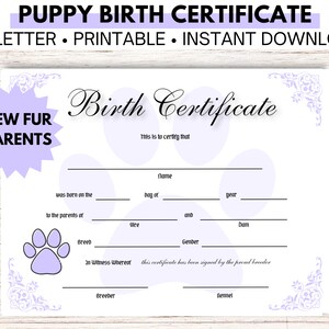 Puppy geboorteakte paars, huisdier zitten cadeau, fokker documenten, hond geboorteakte, nieuwe puppy, hond moeder, nieuwe hond vader, puppy verjaardag