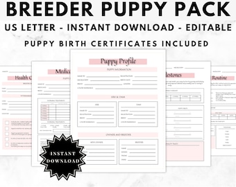 May include: Printable puppy pack for breeders. Includes forms for health, medication, puppy profile, milestones, and routine.  The forms are in a pink and white color scheme with a black and white instant download graphic.