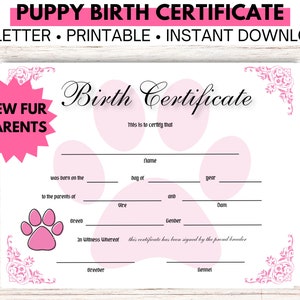 Welpen Geburtsurkunde Pink, Welpen Geburtstagsparty, Hundezüchter Docs, Hundemama, Haustiersitter Geschenk