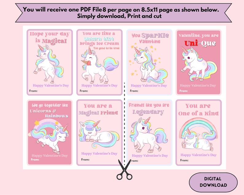 Unicorn Valentine's Day Cards, Valentine's Day Cards for Kids, Instant ...