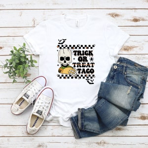 Funny Halloween Shirt, Trick Or Taco Tshirt, Trick or Treat Tshirt, Scary Halloween Tshirt, Funny Halloween Party Shirt, Skeleton Shirt