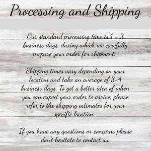 May include: Text on a woodgrain background outlining processing and shipping times. The text states that the standard processing time is 1-3 business days and shipping times vary depending on location, taking an average of 3-4 business days. It also encourages customers to contact the seller with any questions.
