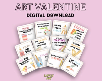 Puede incluir: Un conjunto de 10 tarjetas de San Valentín imprimibles con juegos de palabras sobre el tema del arte. Las tarjetas están decoradas con ilustraciones coloridas de pinceles, crayones, caballetes y otros materiales de arte. El texto en las tarjetas incluye frases como "Haces que mi mundo sea más colorido" y "Sería un crayón si no fuéramos amigos."