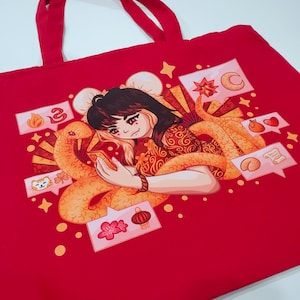 Luner New Year: Snake (Heavy Weight) Canvas Cotton Bag with Zipper, Shoulder Canvas Tote Bag, Laptop Bag, DTF Tote Bag, School Bag
