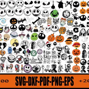 Puede incluir: Una colección de diseños gráficos en blanco y negro con personajes y elementos de "Pesadilla antes de Navidad" y Halloween. Incluye a Jack Skellington, Sally, calabazas y otros diseños espeluznantes. La imagen también incluye el texto "+200 SVG-DXF-PDF-PNG-EPS +200".