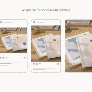 May include: Three framed abstract art prints with a light blue, white, and brown color scheme. The prints are on a wooden table with a light brown color. The prints are displayed in a mock-up of a social media post.