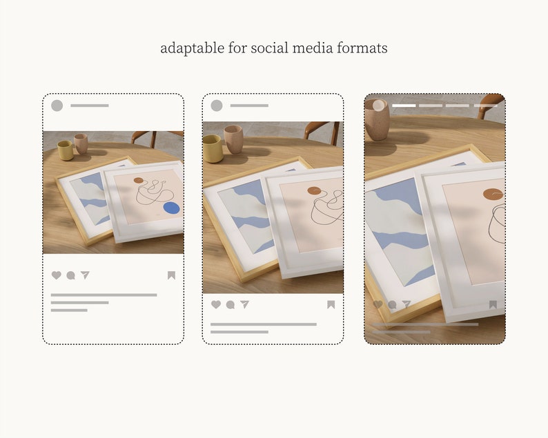 May include: Three framed abstract art prints with a light blue, white, and brown color scheme. The prints are on a wooden table with a light brown color. The prints are displayed in a mock-up of a social media post.
