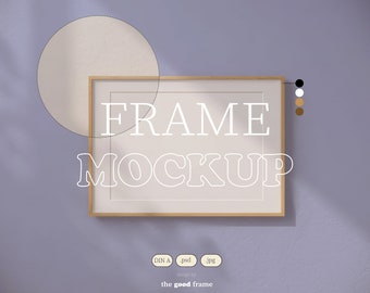 May include: A gold frame mockup with the text "FRAME MOCKUP" in white outlined letters on a light purple background. The text "DIN A .psd .jpg design by the good frame" is below the frame.