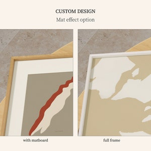 May include: Two framed prints showing the same abstract design, one with a mount and one without. The print with the mount has a wooden frame, while the print without the mount has a white frame. The text "with matboard" is below the first print, and the text "full frame" is below the second print.