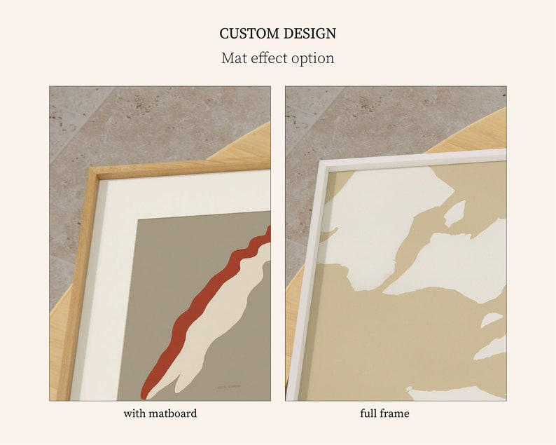 May include: Two framed prints showing the same abstract design, one with a mount and one without. The print with the mount has a wooden frame, while the print without the mount has a white frame. The text "with matboard" is below the first print, and the text "full frame" is below the second print.