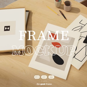 Maqueta de póster sobre mesa, Maqueta de marco de primer plano, Marco de madera en blanco y negro, Maqueta de Photoshop para PSD, DIN A4, Maqueta imprimible plana, Minimalista