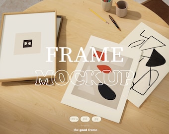 Poster Mockup On Table, Close Up Frame Mockup, Wood Black White Frame, PSD Photoshop Mock-up, DIN A4, Flat Lay Printable Mockup, Minimalist