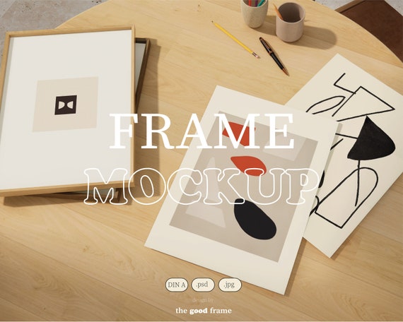 Poster Mockup On Table, Close Up Frame Mockup, Wood Black White Frame, PSD Photoshop Mock-up, DIN A4, Flat Lay Printable Mockup, Minimalist
