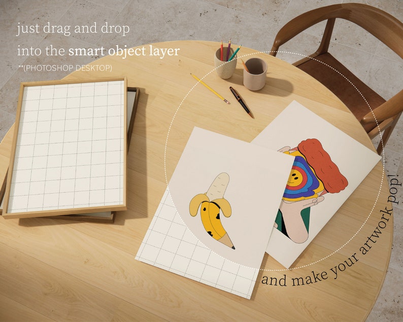 May include: Two printable art prints with colourful illustrations. One print features a banana with black dots and the other print features a hand holding a slice of pizza with a smiley face. The text "and make your artwork pop!" is written on the bottom right corner of the image.
