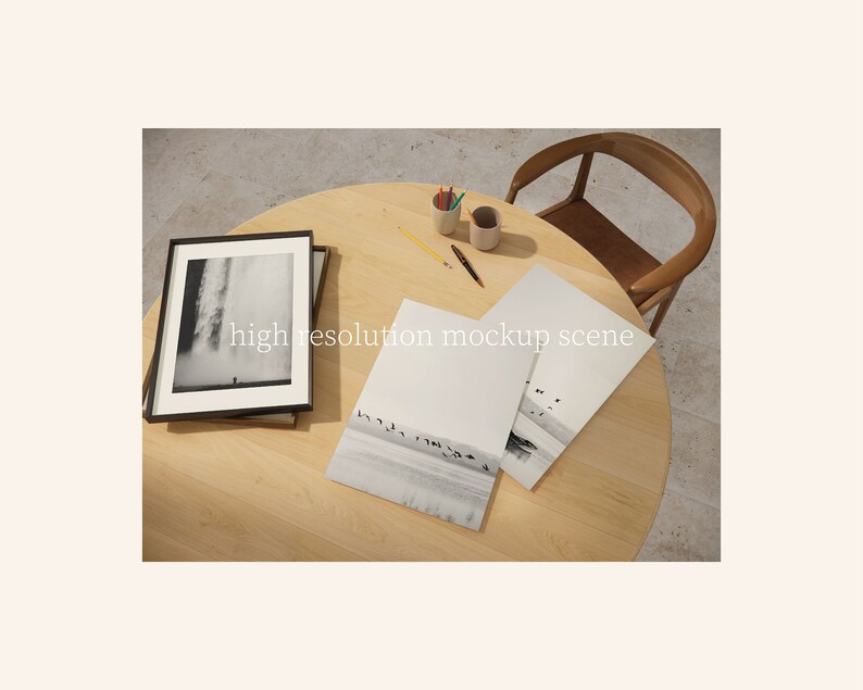 May include: A wooden table with a black framed photograph, a pencil, a cup of coloured pencils, and three sheets of paper with black and white photographs of birds flying over a body of water. The table is next to a wooden chair.