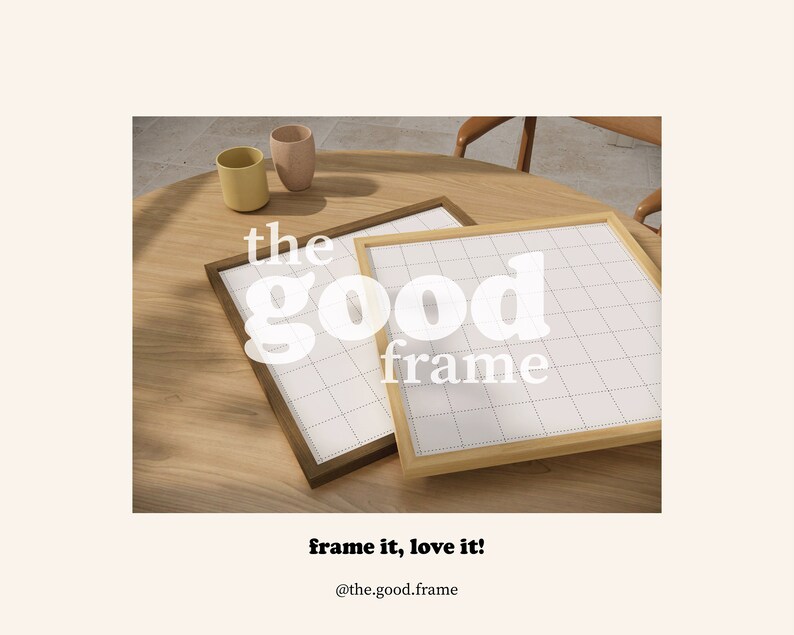 May include: Two wooden picture frames on a wooden table. The larger frame is light brown and the smaller frame is dark brown. The text "the good frame" is printed on the image.