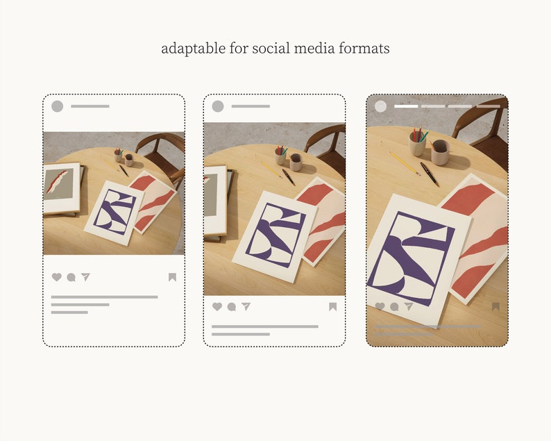 May include: Three abstract art prints with purple, red, and white geometric shapes on a wooden table. The prints are on a light wood table with a pencil and a cup of pencils.