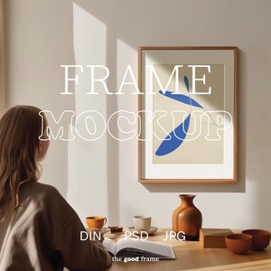 Frame Mockup With Person, Wood Frame, ISO A DIN Ratio, PSD Photoshop mock-up, Wall Frame Mockup, Minimal Modern, Digital Mock up for Print