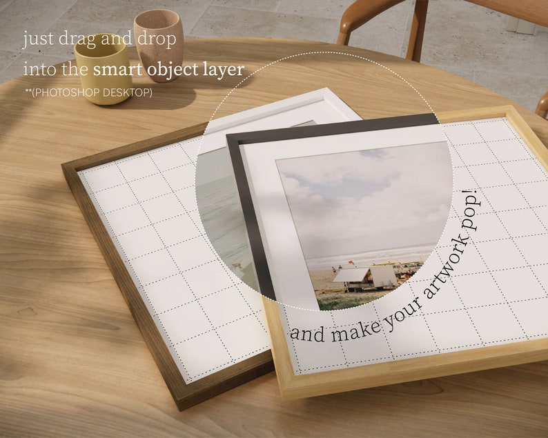 May include: Three picture frames on a wooden table. The frames are made of wood and have a white mat. The frame on the right has a photo of a beach scene with the text "and make your artwork pop!" printed on the frame.