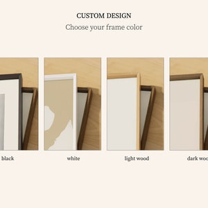 May include: Four different frame options for a picture or artwork. The frames are black, white, light wood, and dark wood. "CUSTOM DESIGN" and "Choose your frame colour" are written above the frames.