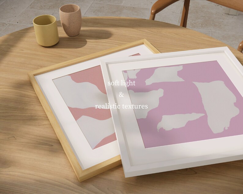 May include: Two framed abstract art prints with pink and white geometric shapes. The top print has a white frame and the bottom print has a natural wood frame. The text "soft light & realistic textures" is printed on the white frame.