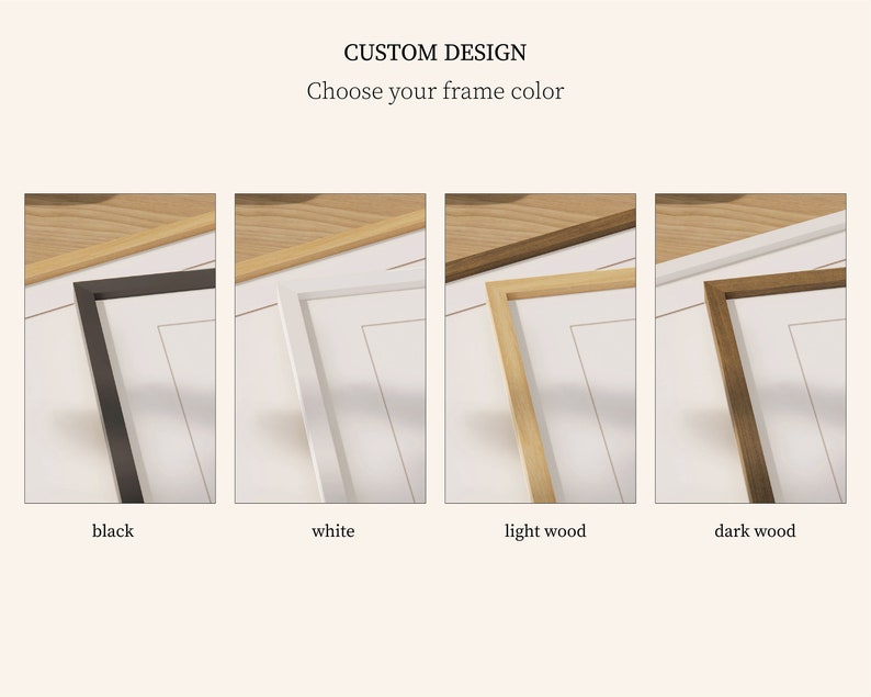 May include: Four different frame options for a picture or artwork. The frames are shown in black, white, light wood, and dark wood.