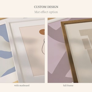 May include: Two framed images showing the difference between a frame with a matboard and a full frame. The image on the left has a white frame with a white matboard and the image on the right has a brown wood frame.