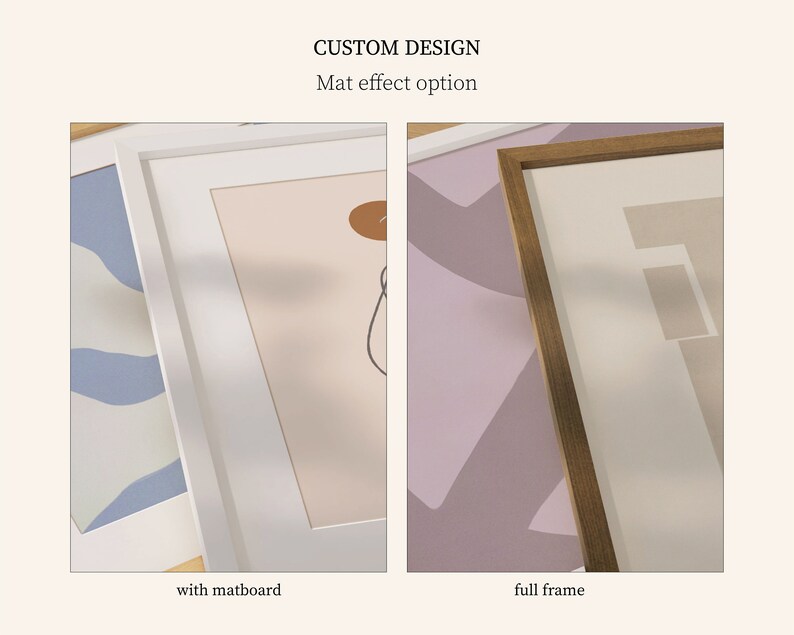 May include: Two framed images showing the difference between a frame with a matboard and a full frame. The image on the left has a white frame with a white matboard and the image on the right has a brown wood frame.