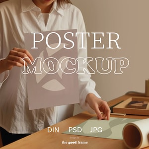 Poster Mockup With Person, ISO A DIN A4 A2 Ratio, PSD Photoshop mockup, Modern Interior, Lying Poster Mockup On Table, Minimalist Modern