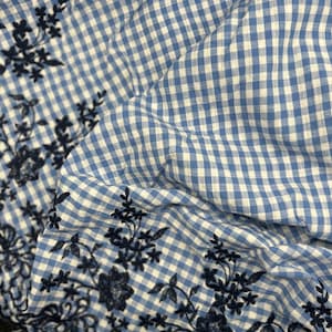 Embroidered Gingham Fabric - Blue and white gingham with floral embroidery - Cotton dress fabric