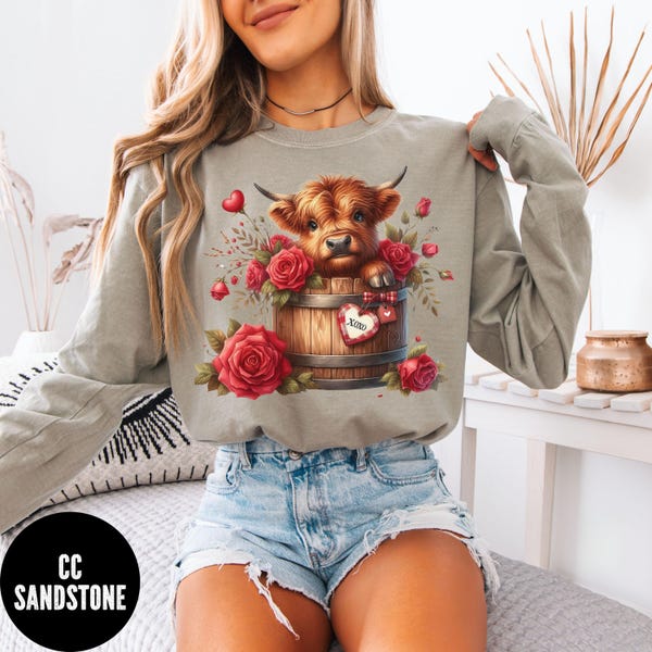 Highland Cow Floral Valentine Long-Sleeve T-shirt, Comfort Colors® Highland Cow Lovers Valentine's Gift