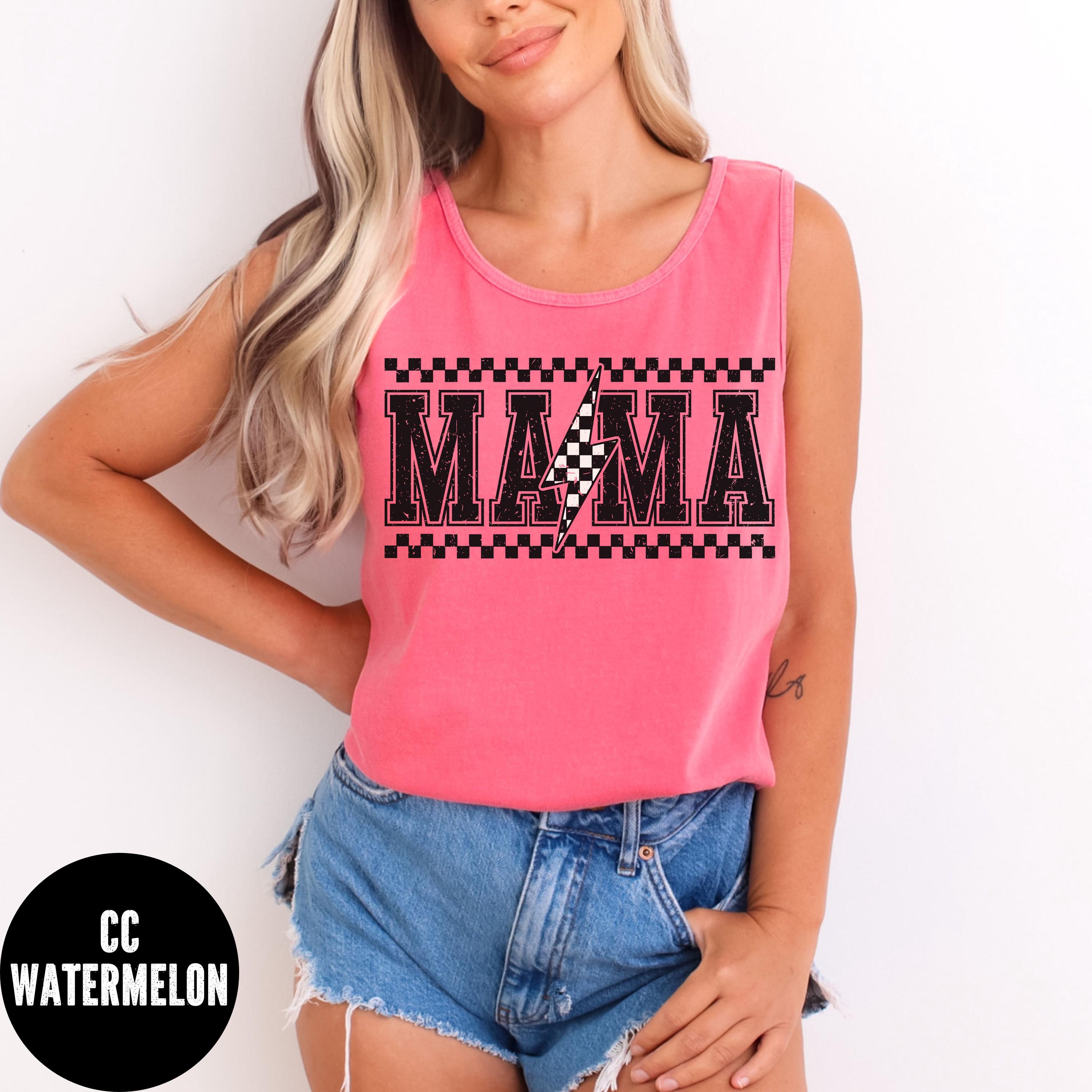 Checkered Mama Tank Top: Comfort Colors Distressed Lightning Bolt