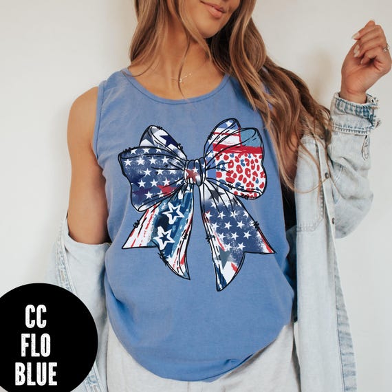July 4th Coquette Bow Tank Top, Comfort Colors® Patriotic Tank Top, Women's Summer Tank, Patriotic Tank, Flag Bow Tank, USA Bow Tank Top