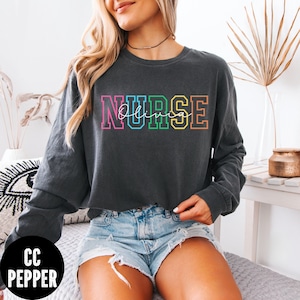 Nurse Long Sleeve Shirt, Comfort Colors®  Personalized RN Tee, Retro Nurse Name,  RN Shirt, Trendy RN Tee, Nurse Week Gift, Graduation Gift