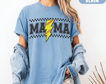 Softball Mama Shirt, Comfort Colors® Softball Mama Lightning Bolt Tee, Softball Mom Shirt, Checkered Softball Mama Shirt, Mom Game Day Shirt