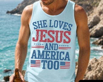 Camiseta sin mangas "Ella ama a Jesús y también a Estados Unidos", Camiseta sin mangas retro Comfort Colors® del 4 de julio, Camiseta sin mangas patriótica, Camiseta sin mangas religiosa del 4 de julio