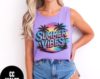 Summer Vibes Tank Top, Comfort Colors® Sunset Tank Top, Vacation Beach Tank, Retro Beach Tank Top, Summer Tank for Women, Trendy Tank Tops