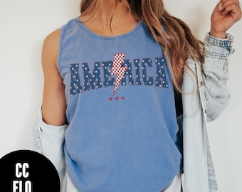 Distressed America Lightning Bolt Tank Top, Comfort Colors® 4th of July tank, USA Tank, Trendy July 4th Tank
