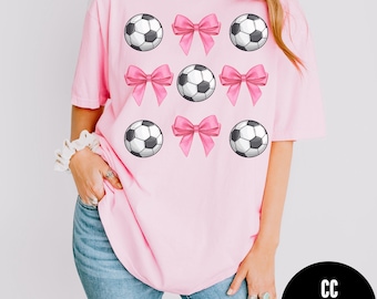Soccer Coquette T-shirt, Comfort Colors® Soccer Mama Tee, Soccer Player Gift, Soccer Season Tee, Soccer Balls and Pink Bows, Mom Soccer Tee