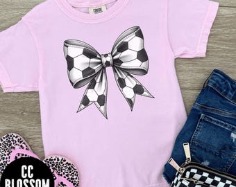 Girls Youth Soccer Bow T-shirt, Comfort Colors® Youth Girls Soccer Tee, Soccer Player Gift, Trendy Youth Soccer Tee, Soccer Girls Shirt