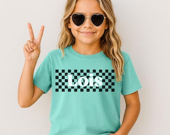 Custom Kid's Names Checkered T-shirt, Comfort Colors® Youth Name Tee, Retro Kid's Name Gift T-shirt