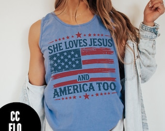 She Loves Jesus and America Too Tank Top, Comfort Colors® America 4th of July Tank, 4th of July Tank, Independence Day Tank, Patriotic Tank