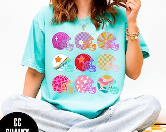 Cheetah Print Football Shirt, Comfort Colors® Girly Football Shirt, Cute Football Shirt for Women, Checkered Football Helmet Tee, Game Day