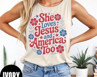 She Loves Jesus Tank Top, Comfort Colors® Retro 4th of July Tank, Christian 4th of July Tank, Women's Patriotic Tank, Religious 4th of July