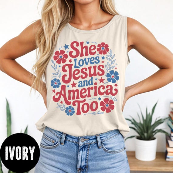 She Loves Jesus Tank Top, Comfort Colors® Retro 4th of July Tank, Christian 4th of July Tank, Women's Patriotic Tank, Religious 4th of July