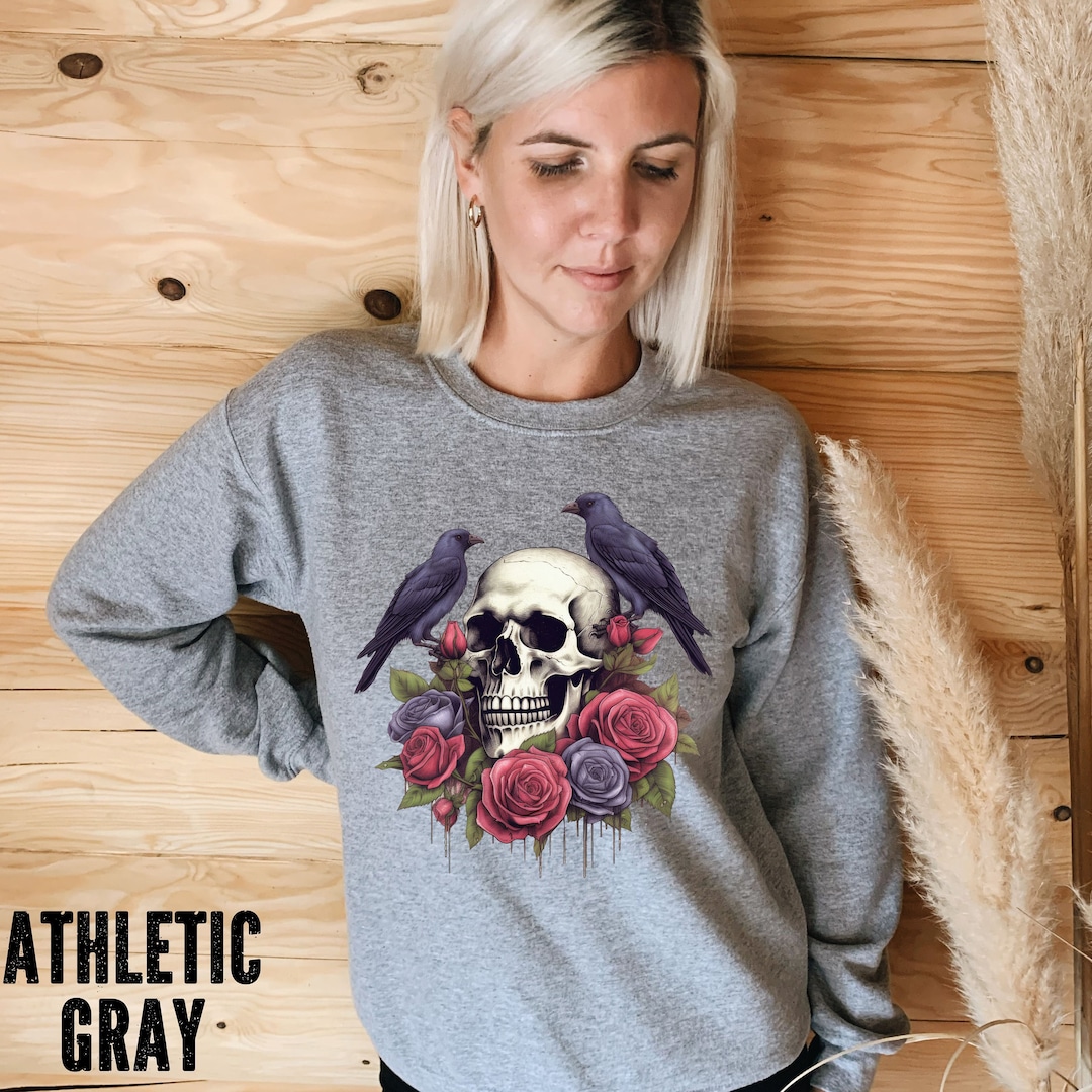 Raven Skull Gothic Sweatshirt, Skull Sweatshirts, Raven Skull and Roses