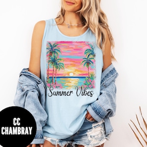 Summer Vibes Tank Top, Comfort Colors® Retro Sunset Tank, Vintage Summer Tank, Vacation Vibes Tank, Beachy Tank Top, Watercolor Sunset Tank