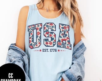 Floral USA Tank Top, Comfort Colors® Retro 4th of July Tank, USA Est 1776 tank, Independence Day Tank, Patriotic Tank, Women's July 4th Tank