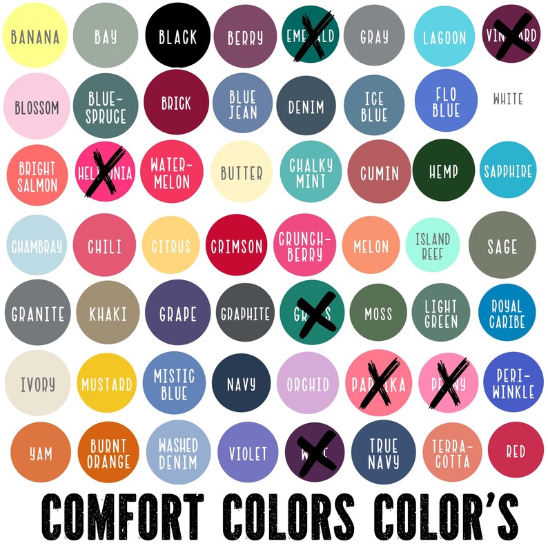 Puede incluir: Una carta de colores con una variedad de colores en muestras circulares. Cada muestra tiene un nombre de color impreso en blanco. El texto "COMFORT COLORS COLOR'S" est&aacute; en la parte inferior.